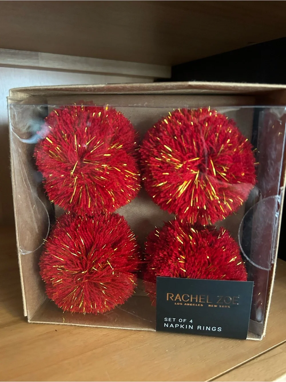 Rachel Zoe Red and Gold Pom-Pom Napkin Rings, Set of 4